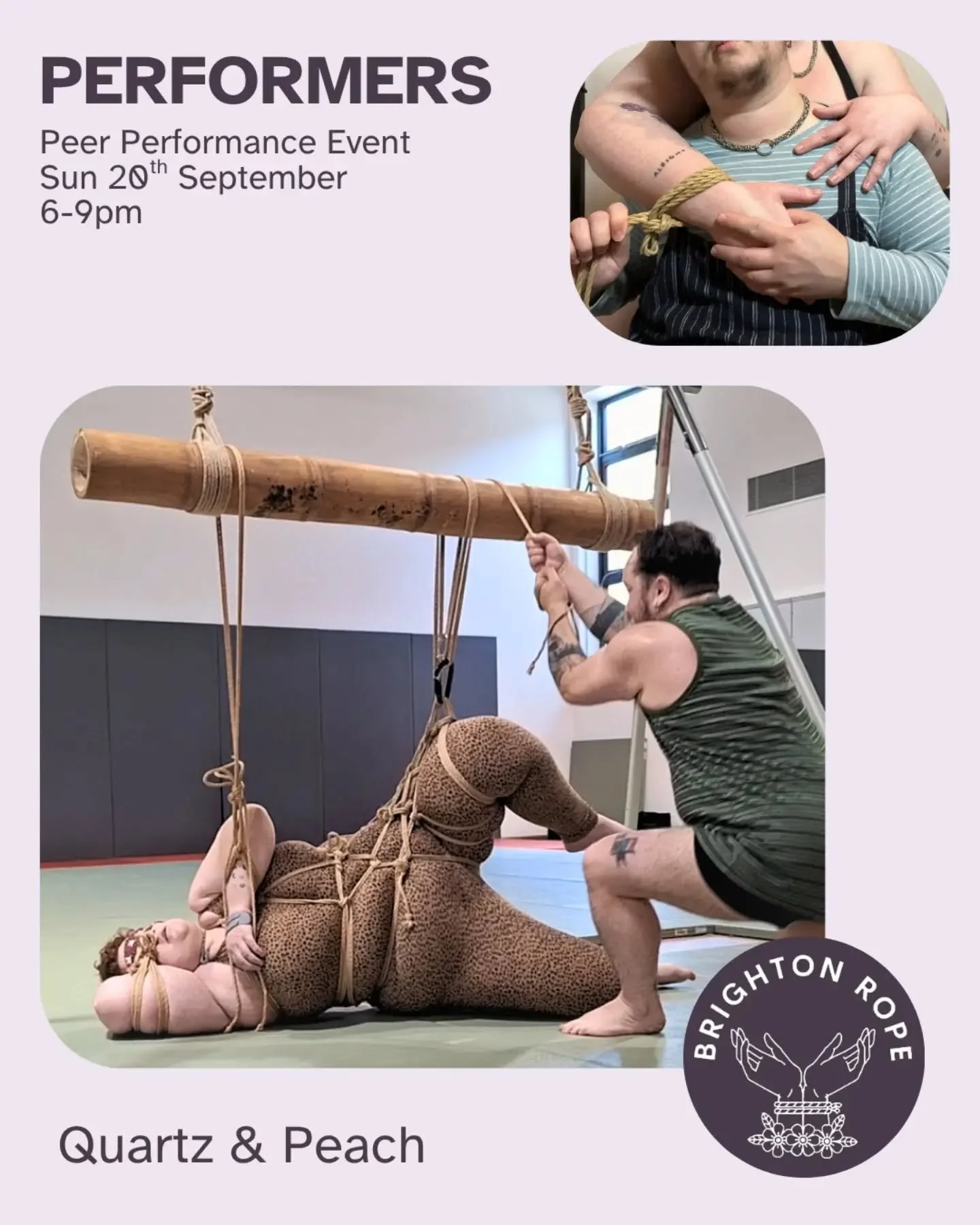 Announcing the first of our three performances for our peer performance rope jam on 20th September at @openspacestudios in Brighton

@switchyquartz (they/them) is a queer, neurodivergent, disabled rope switch, performance artist and teacher. They lov