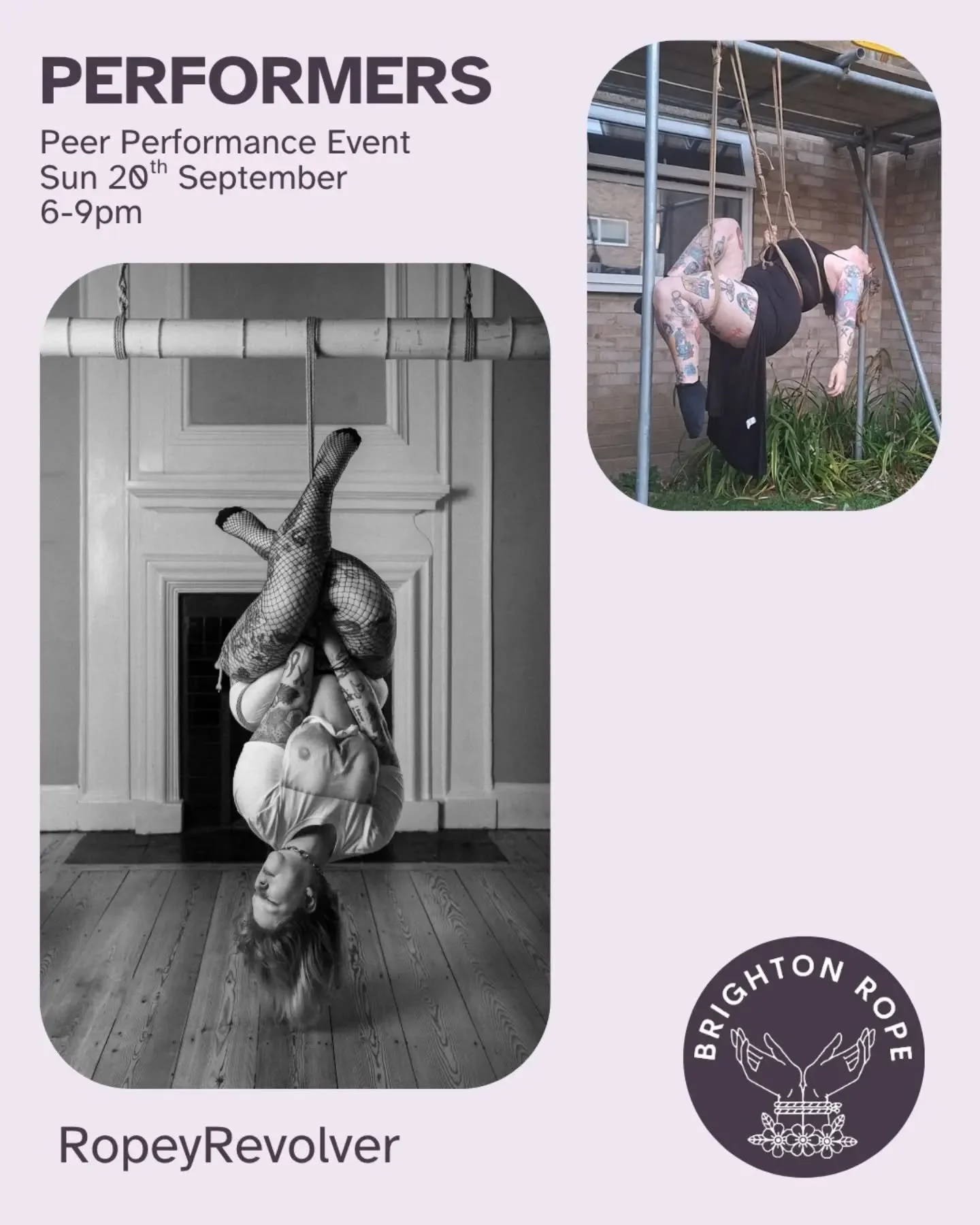 Continuing the lineup for our peer performance event on 20th September at @openspacestudiosbrightonhove , it's our very own @ropeyrevolver !

Ropey Revolver (she/her) is a neurodivergent rope 
switch who explores mental health and 
meditation throu