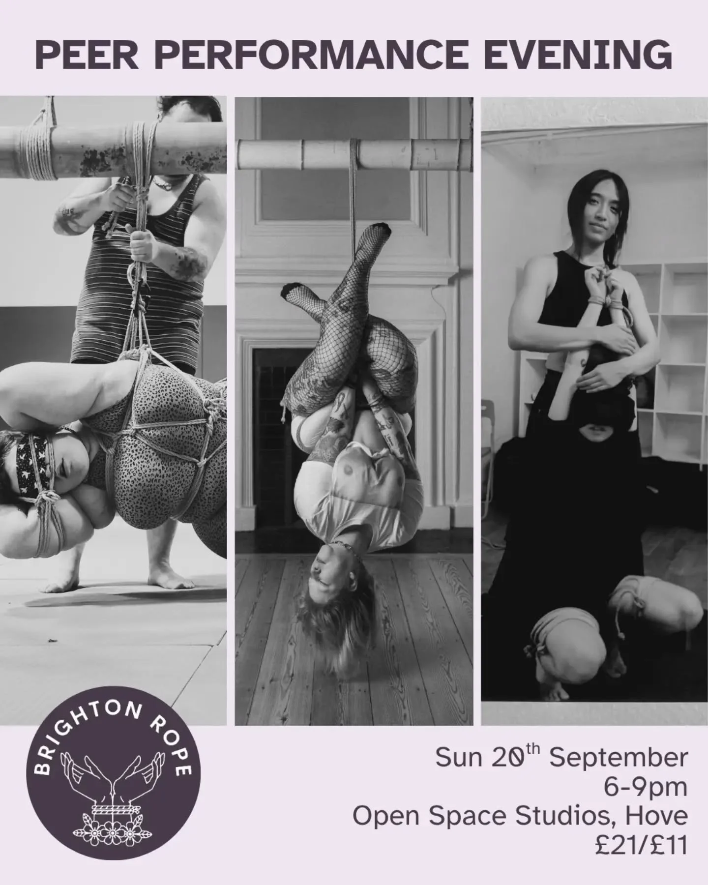 Full lineup for our peer performance evening:

@switchyquartz and @peachyropes showcasing their upside down dynamic and freestyle chaos

@ropeyrevolver with a unique self-suspension

And @june.rope and Sara with their playful, switchy, multi-sensory 