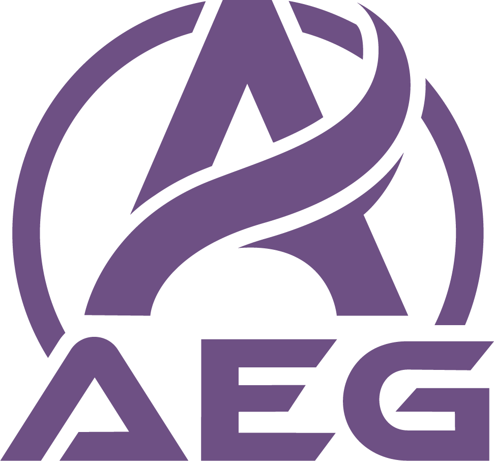 Purple logo with stylized letter 'A' and the text 'AEG' underneath.