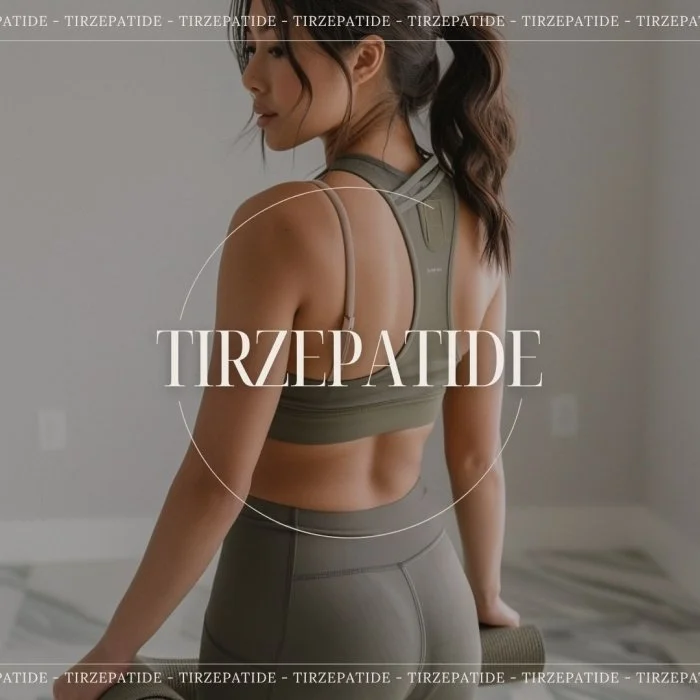 A woman in workout attire holding a yoga mat, standing in a minimalist room, with the word 'TIRZEPATIDE' overlayed.
