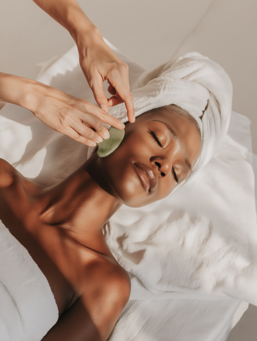 Woman receiving a facial massage with a jade roller at a spa, lying with a towel wrapped around her head.