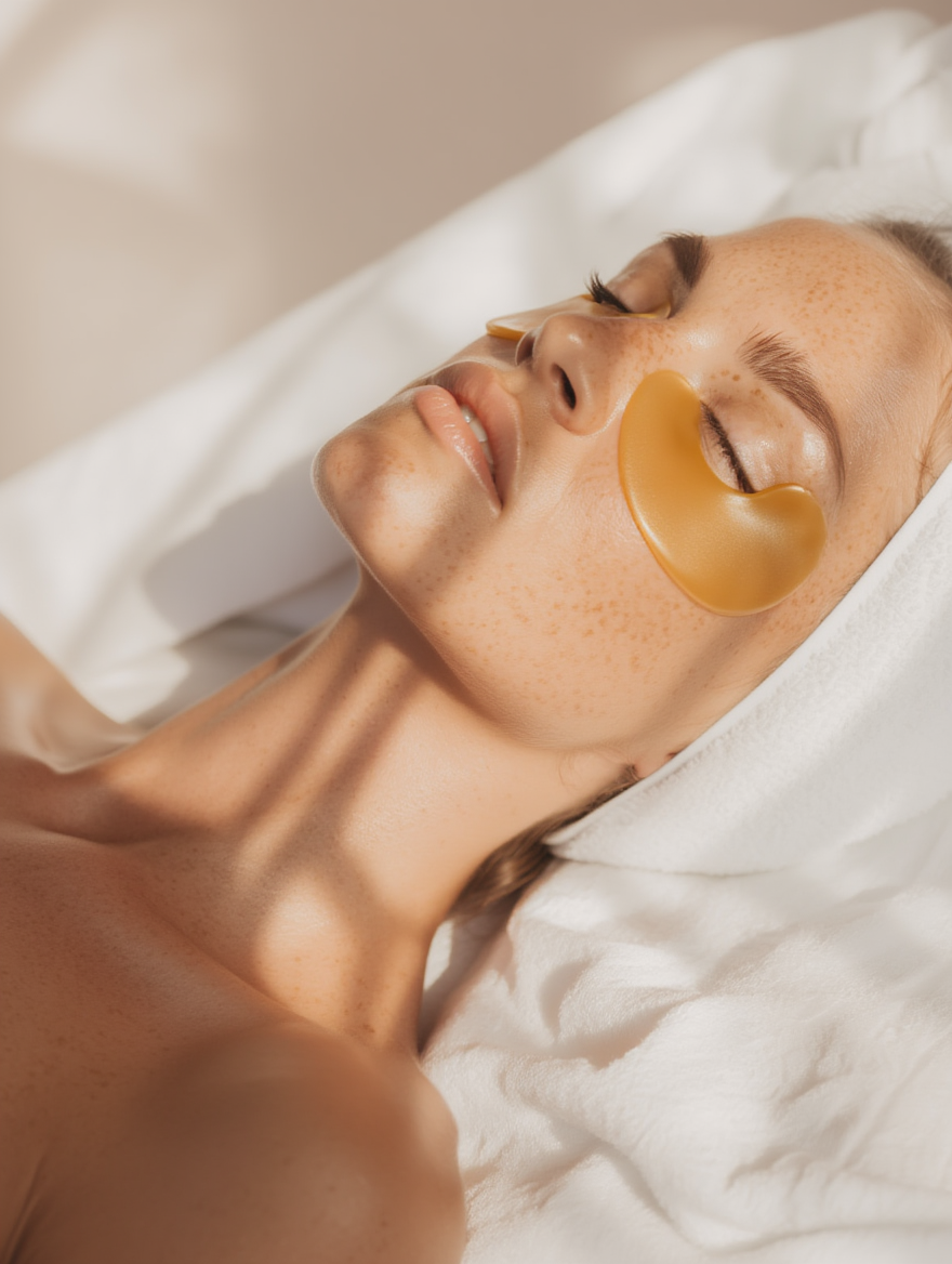 A woman with freckles lying on a bed with eye patches on her face