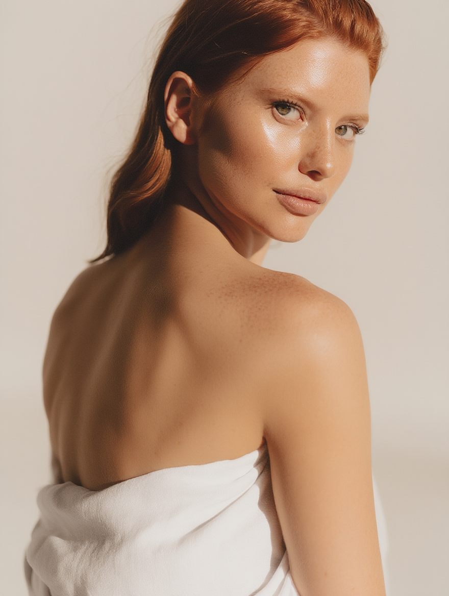 A woman with red hair and freckles gazes over her shoulder, wrapped in a white towel, with a neutral background.