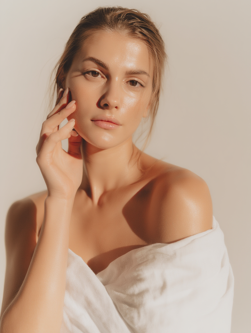 Portrait of a woman with light brown hair, lightly tanned skin, and natural makeup, touching her face with her left hand, wrapped in a white towel, against a plain light background.