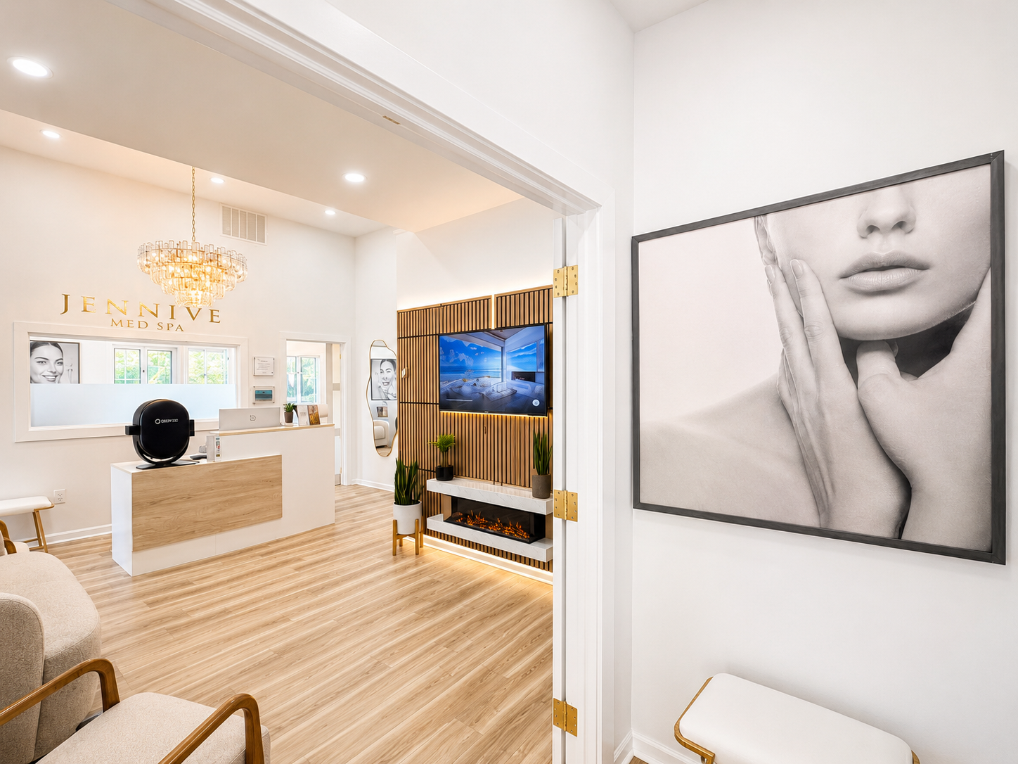 JENNVIE Med Spa reception area in Westport, CT with modern luxury decor and treatment consultation seating