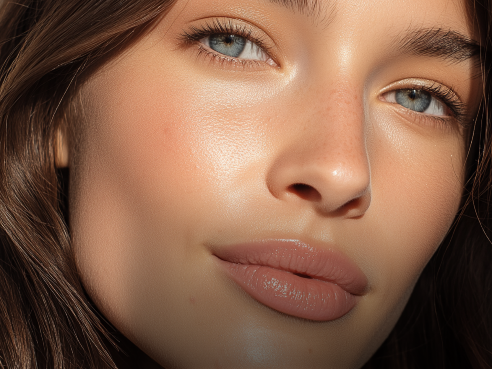 Close-up of a woman's face showing her blue eyes, smooth skin, and brown hair.