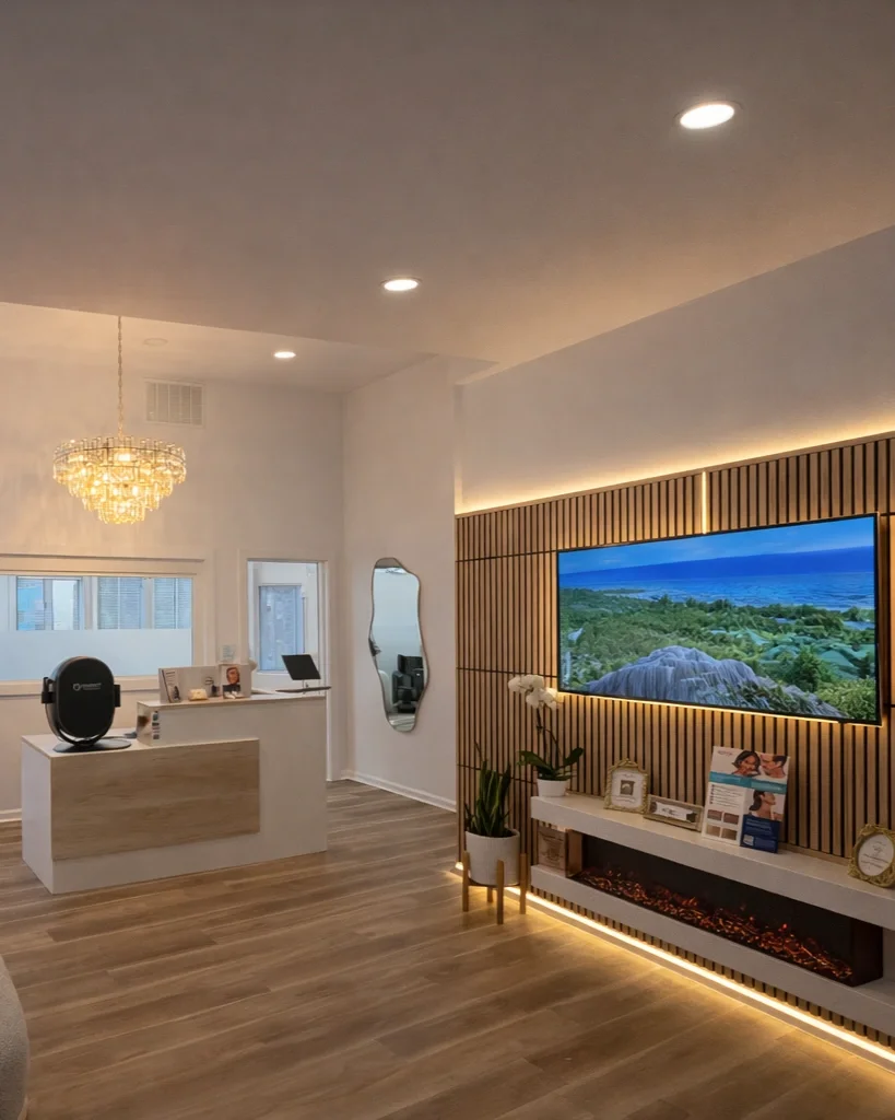 Modern reception area with a chandelier, a white reception desk, a wall-mounted TV showing landscape, and a decorative electric fireplace. There is a mirror on the wall, a potted plant, and framed photos and brochures on a white console under the TV.