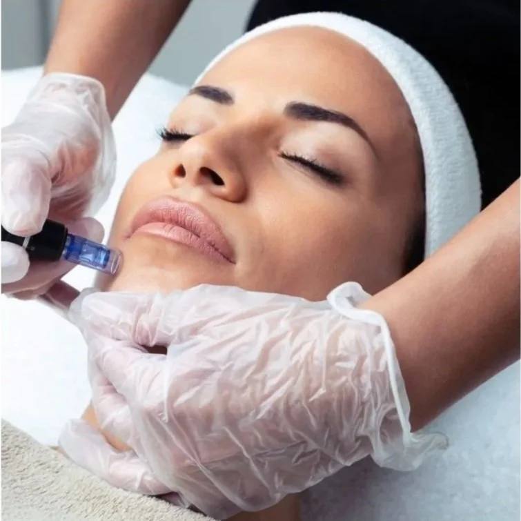 A woman receiving a cosmetic injection treatment, lying peacefully with eyes closed, while a medical professional wearing gloves administers the procedure.
