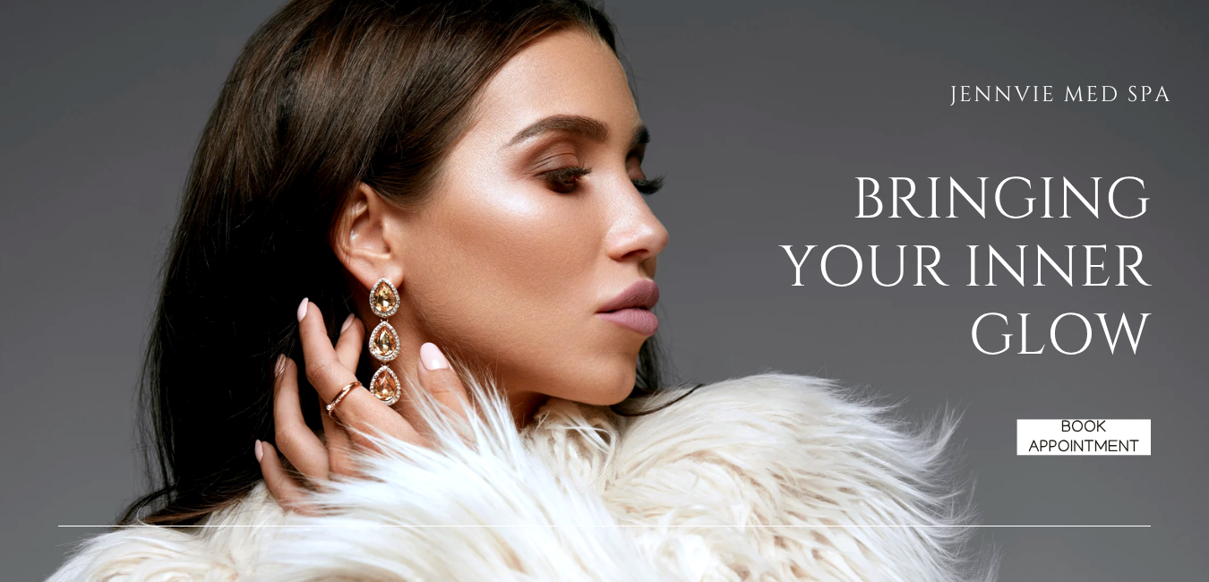 A woman with long brown hair styled sleek, wearing gold and diamond drop earrings, posing with her eyes closed and hand near her face, dressed in a white fur coat, with text promoting Jennvie Med Spa and a book appointment button.