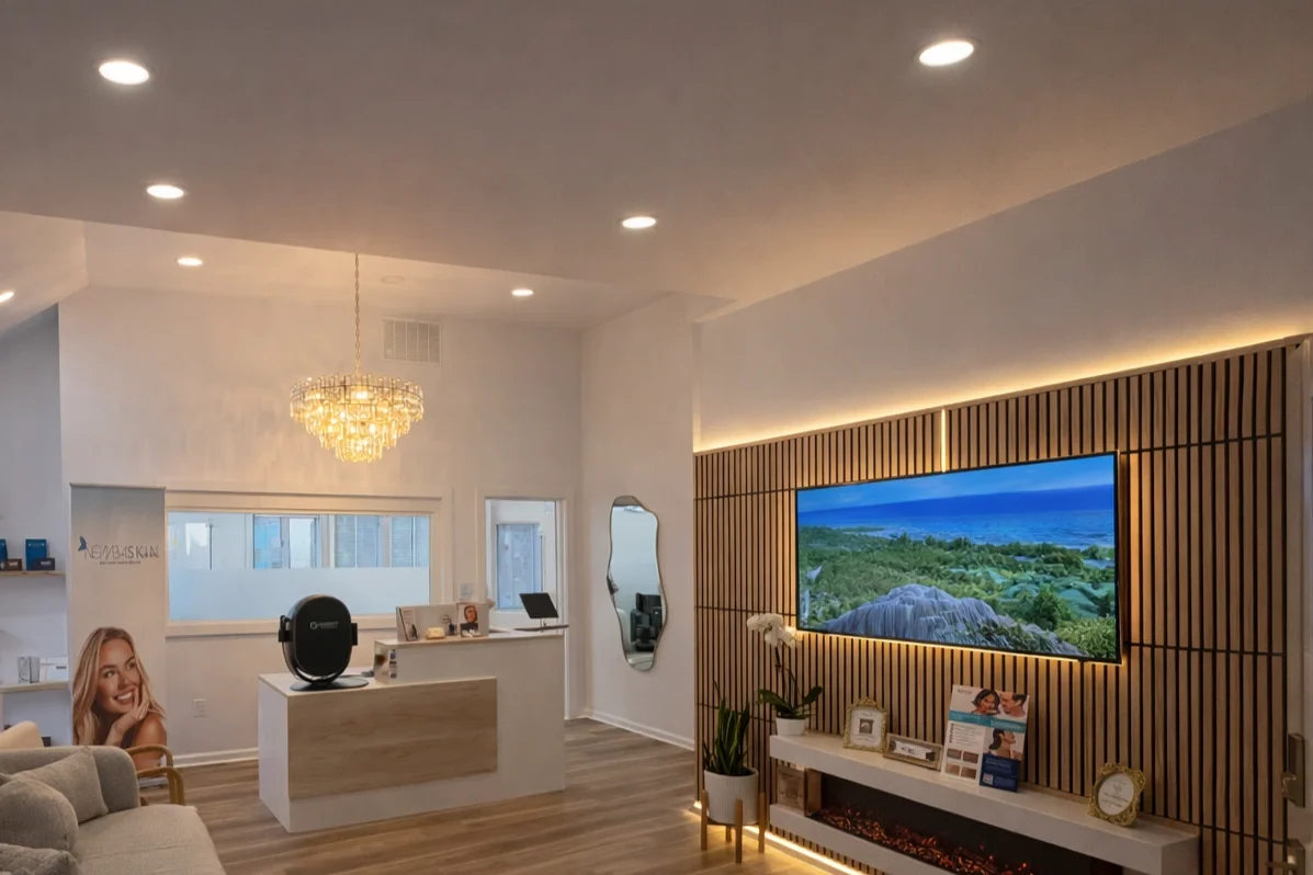 Modern reception area with a chandelier, a large TV mounted on a wooden slat wall, and a cozy seating area.