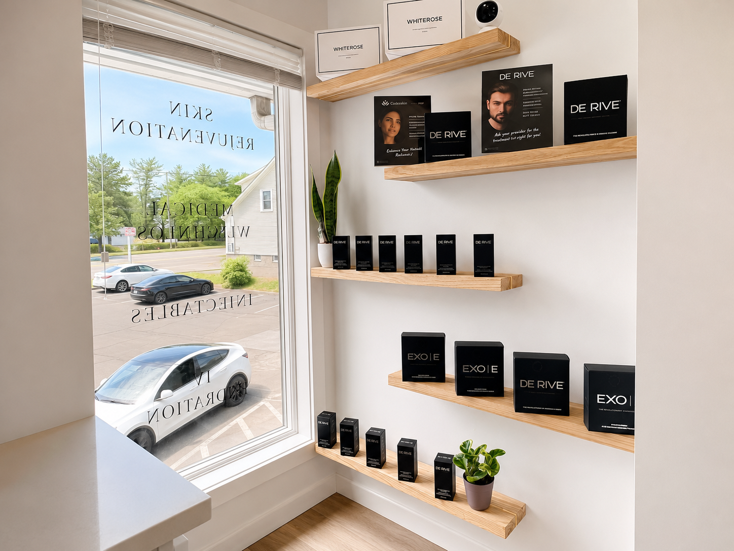 Professional skincare products displayed inside JENNVIE Med Spa in Westport, Connecticut