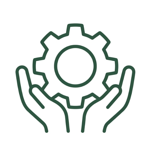 Icon of two hands holding a gear in between, symbolizing support or management of technology.