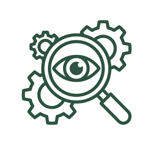 Magnifying glass with an eye inside, surrounded by gears, representing focus and analysis.
