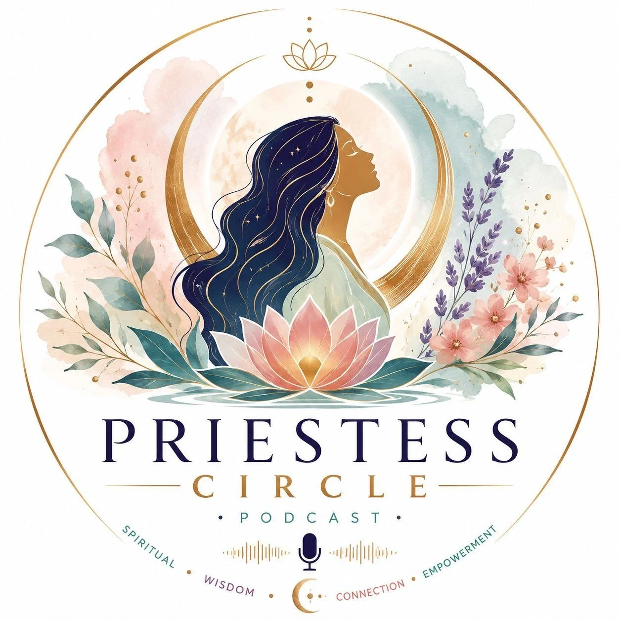 An artistic illustration of a woman with long dark hair, surrounded by flowers and leaves, with a water lily at the bottom. The woman is depicted with a golden hue, facing sideways with her eyes closed. Behind her is a golden crescent moon and a full moon, with a lotus flower on top. The words 'Priestess Circle' and 'Podcast' are written below, along with keywords: spiritual, wisdom, connection, empowerment.