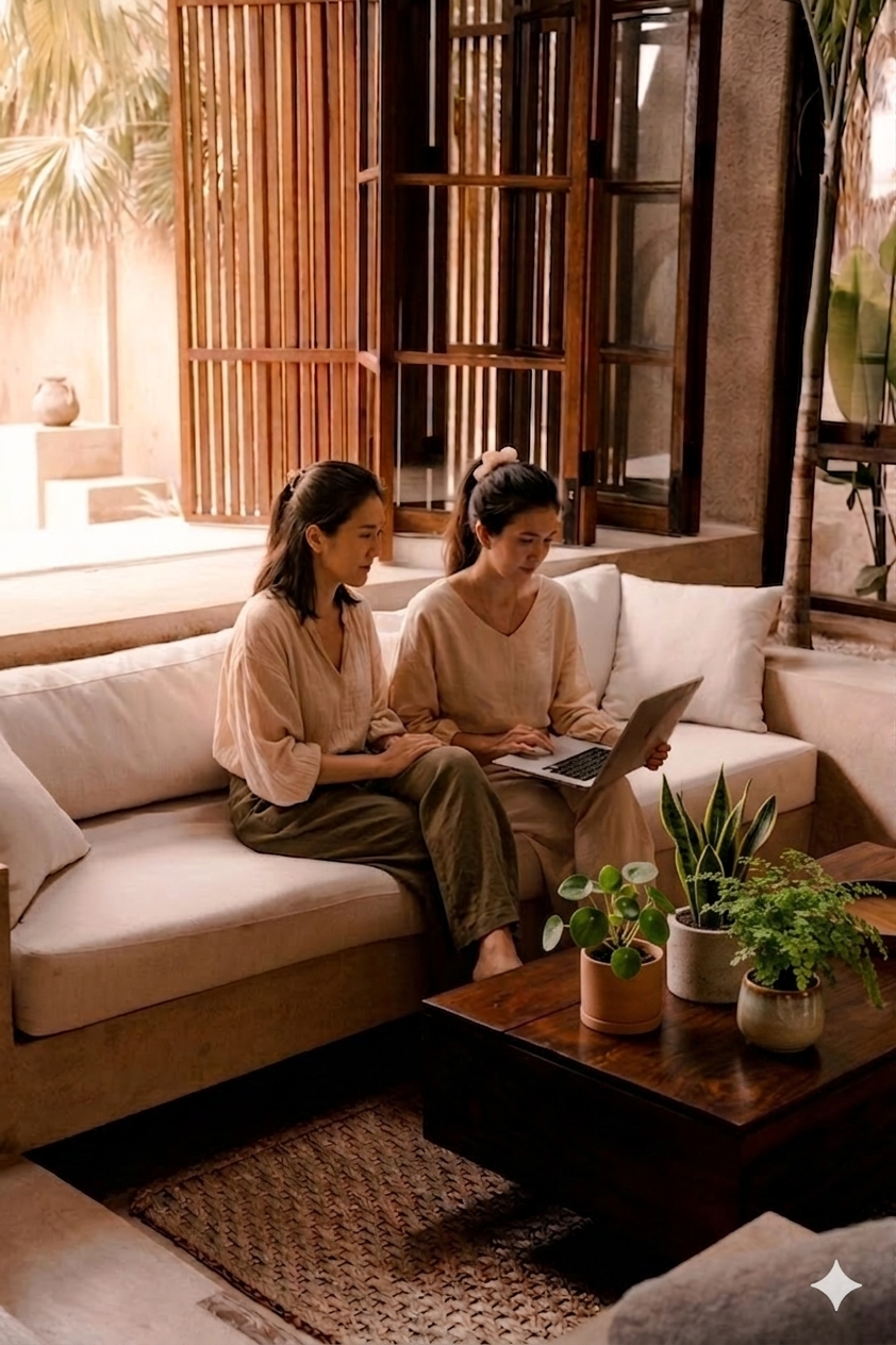 Two women sitting on a beige sofa, working on a laptop, in a cozy room decorated with potted plants and wooden accents.