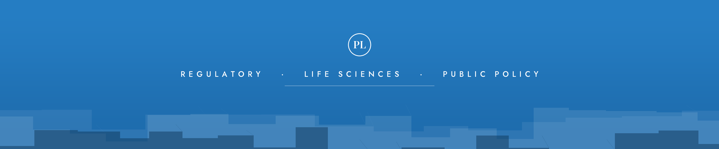 Blue webpage header with white text featuring the logo 'PL' and categories: Regulatory, Life Sciences, Public Policy.