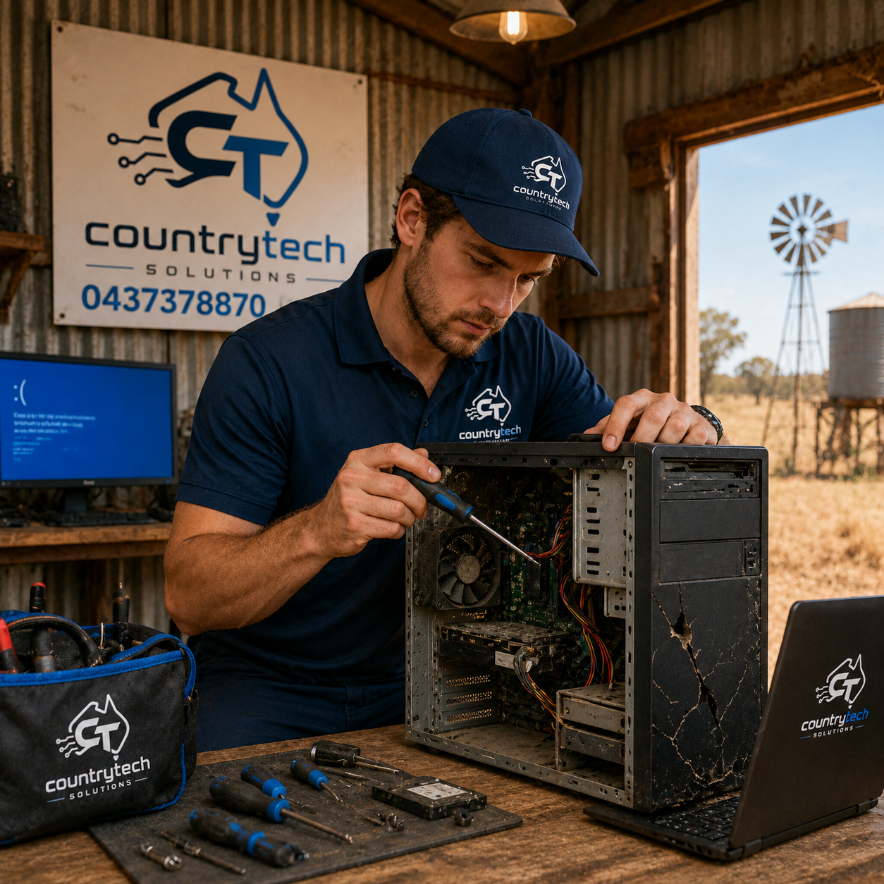 A technician working on a desktop computer outside in a rural setting, with a windmill visible in the background. The technician is wearing a navy blue cap and shirt with the 'Countrytech Solutions' logo, and is using a screwdriver to repair the computer. There is a toolkit with screwdrivers and a solid-state drive on the wooden table, and a monitor shows a blue screen.