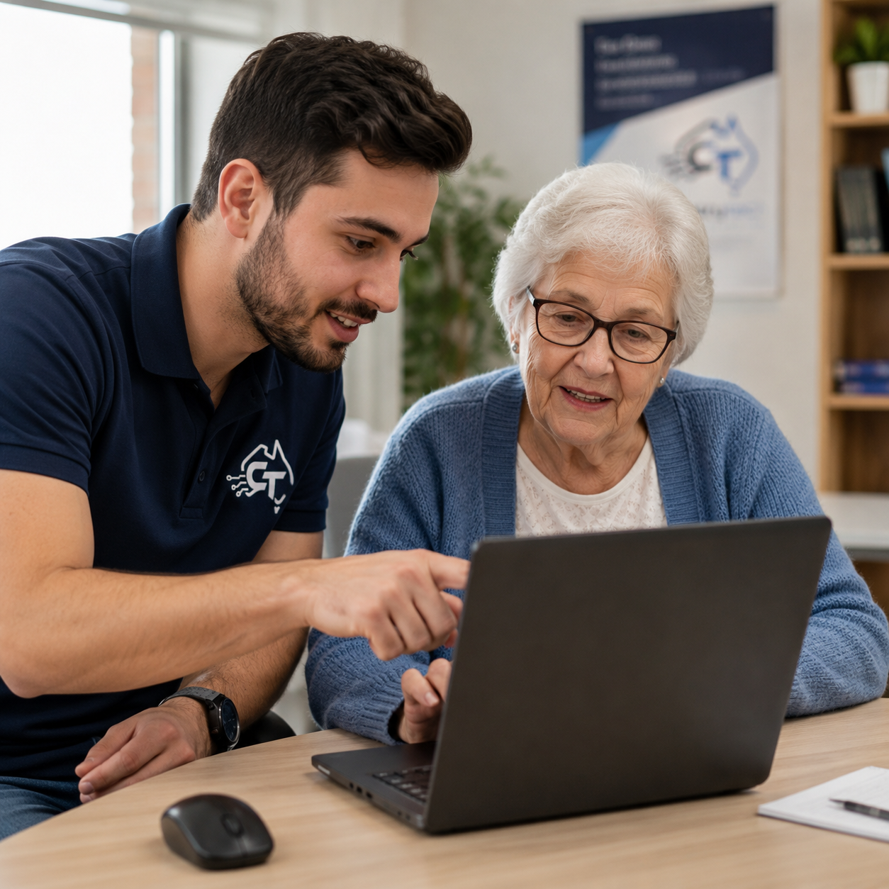 A young man and an elderly woman look at a laptop together in an office or library setting.