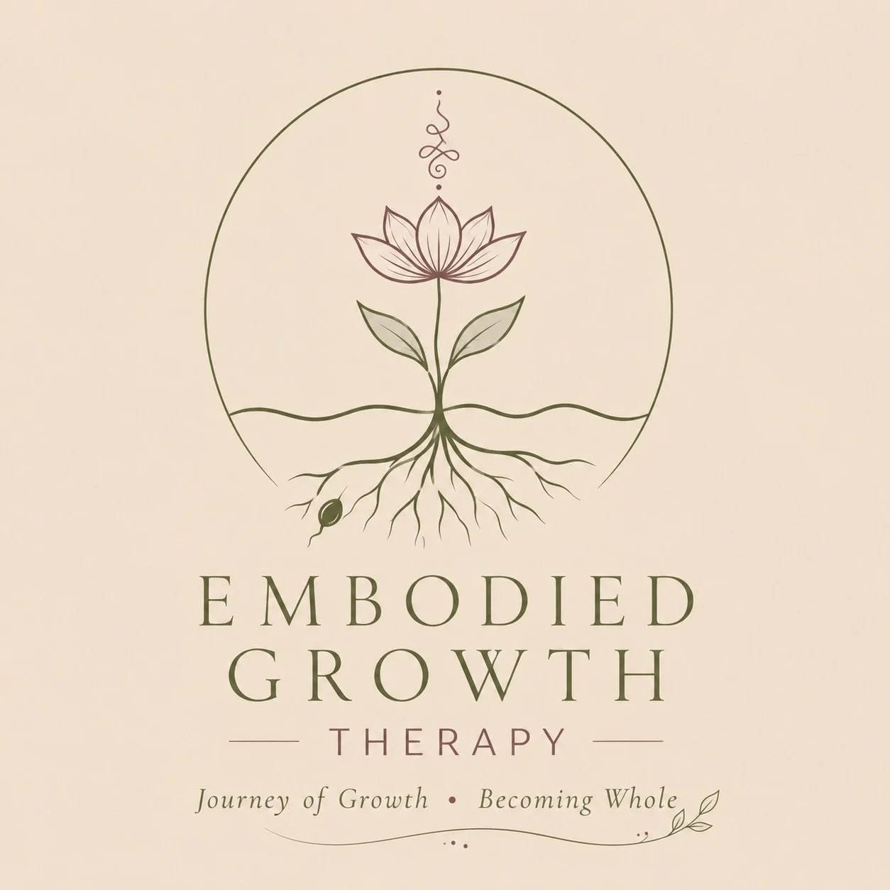 Illustration of a flower with roots and leaves, symbolizing growth, above the text 'Embodied Growth Therapy' and the tagline 'Journey of Growth · Becoming Whole'.