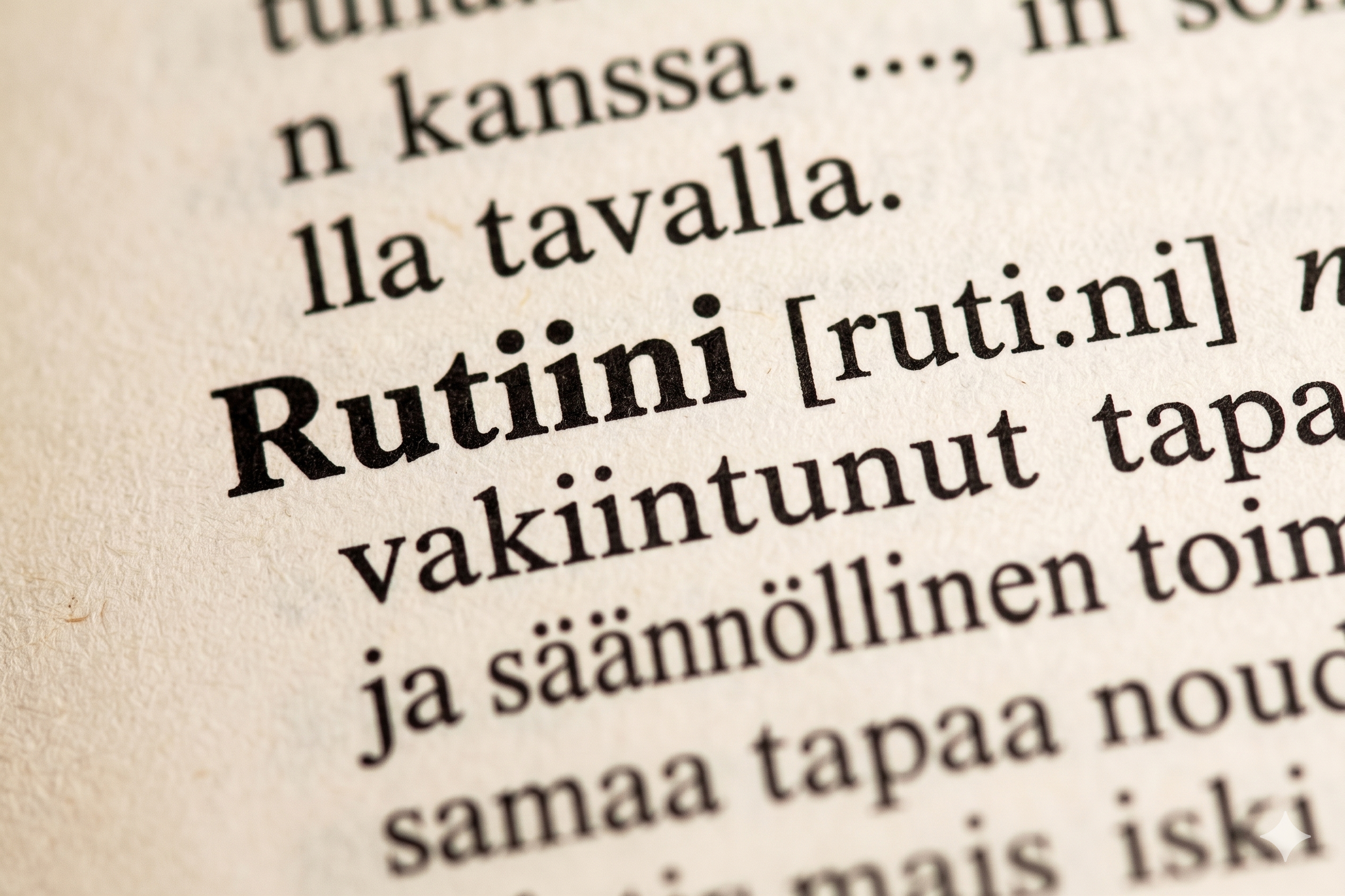 Lähikuva sanakirjan sanasta rutiini. Kuvituskuva sote-alan vanhentuneiden ja vaarallisten toimintamallien tunnistamisesta ja muuttamisesta.