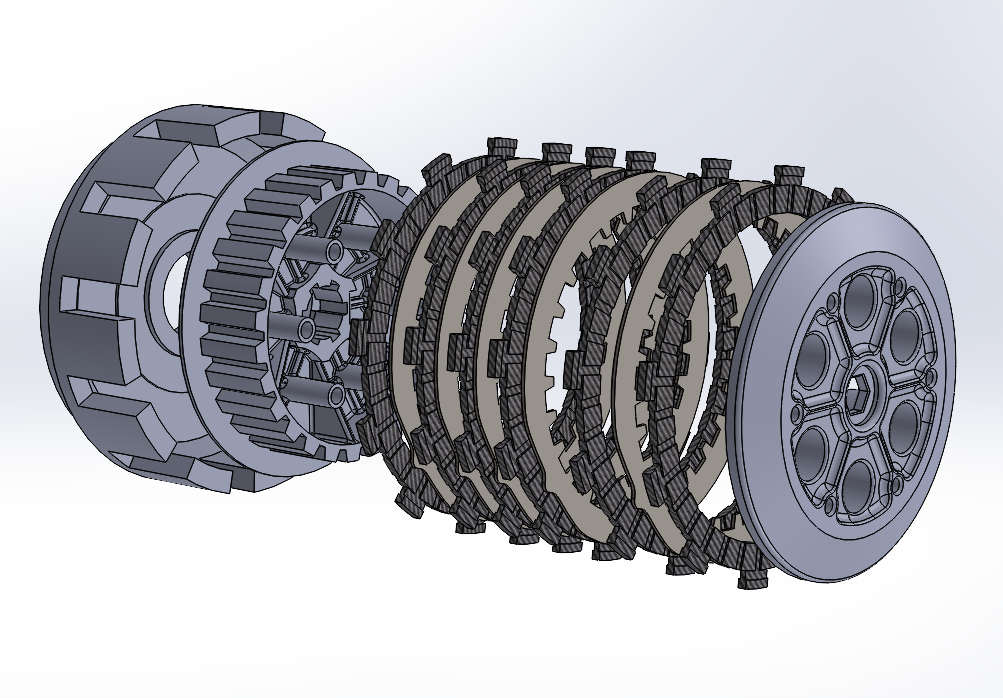 A detailed exploded view of a clutch assembly with multiple clutch plates and a pressure plate.