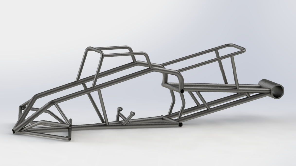 A metal frame of a racing bicycle or motorcycle chassis with a sleek, aerodynamic design.