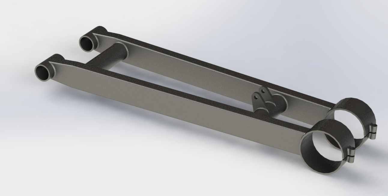 A black and gray metal bike rack with two circular clamp sections for securing bicycles.