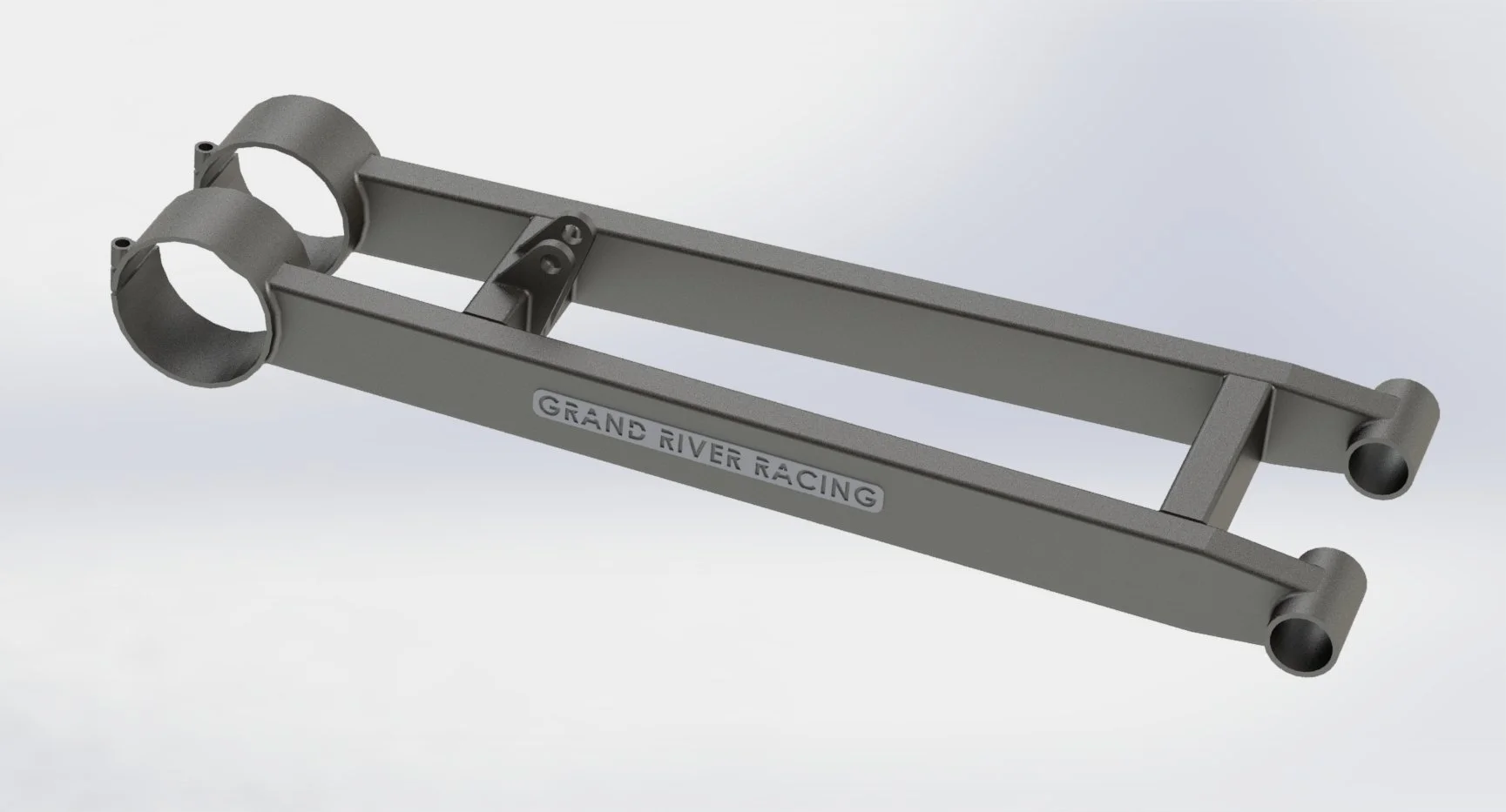 Metal racing car suspension tool labeled 'Grand River Racing' with two large circular clamps and a connecting bar.