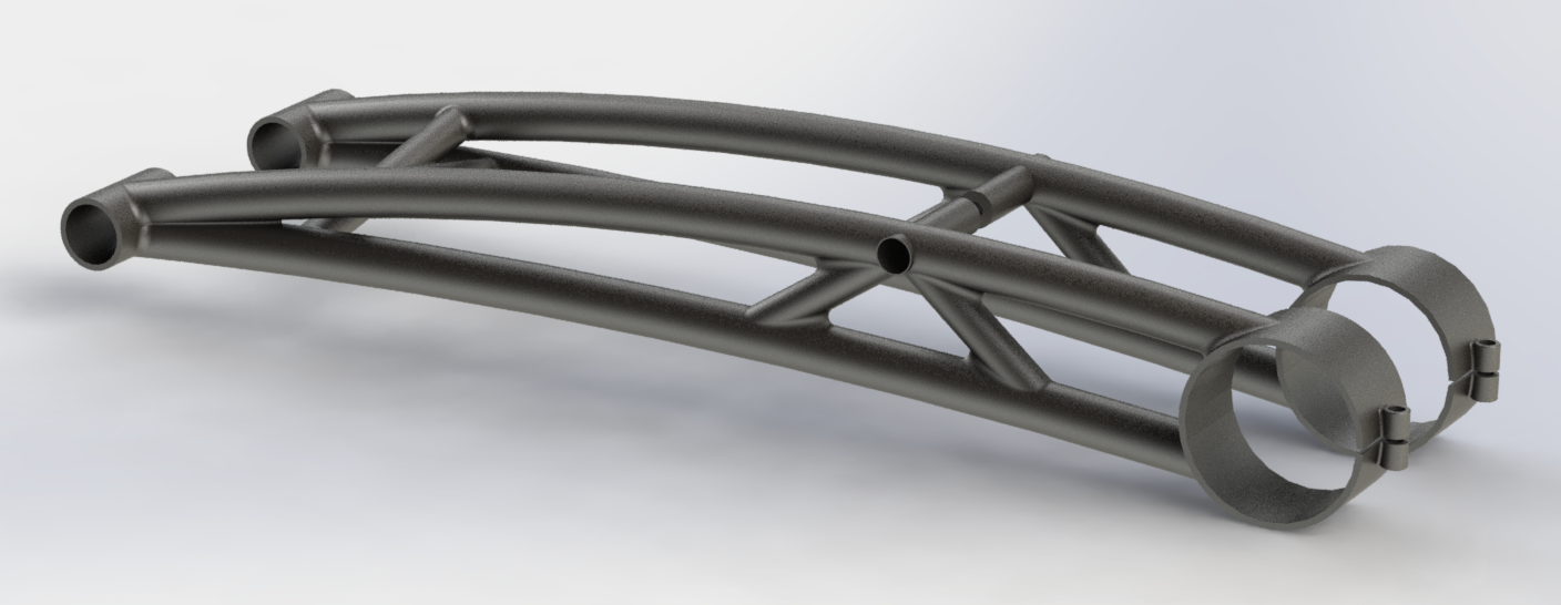 A metallic truss with circular end supports and multiple connecting rods.