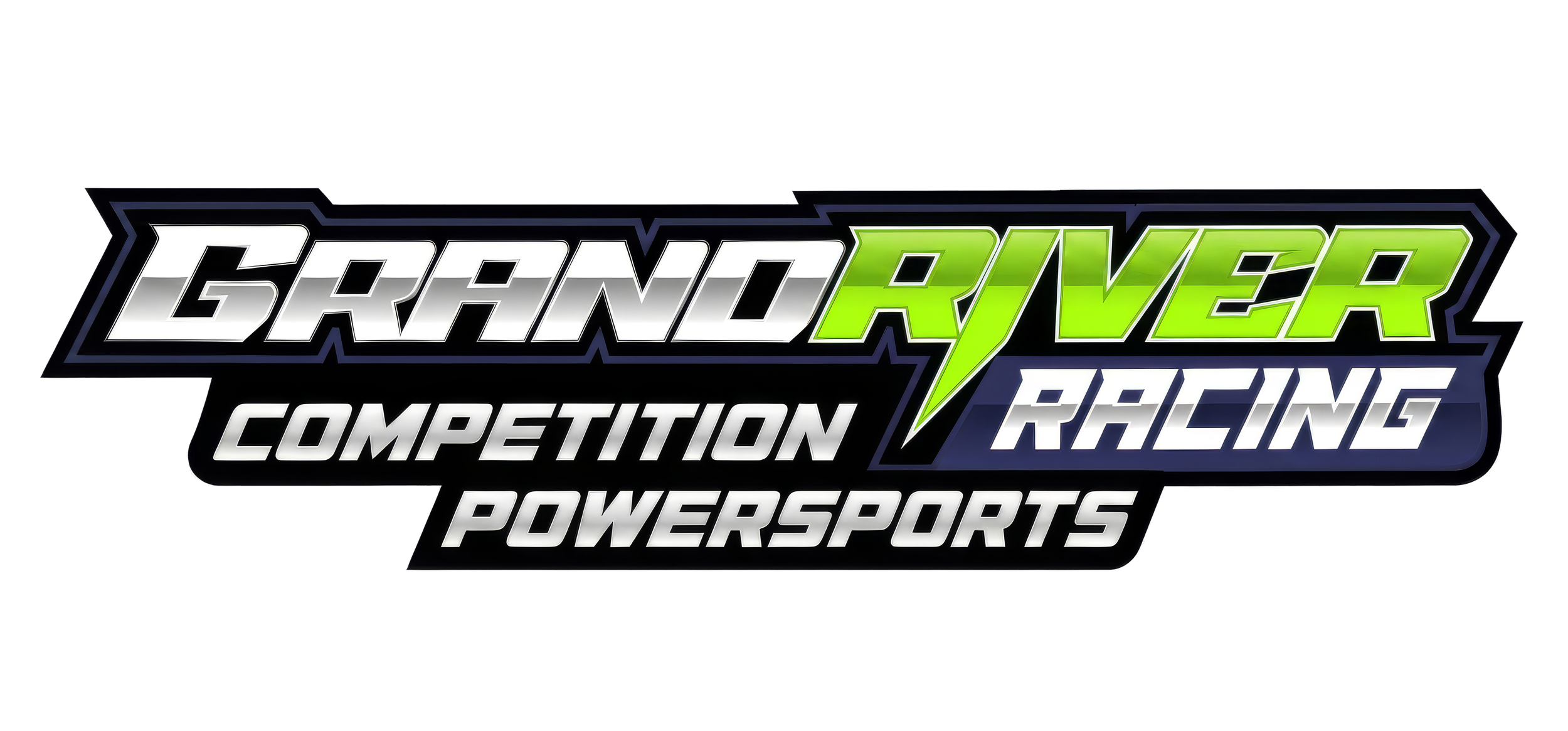 Logo for Grand Race Competition Powersports featuring bold black, white, and green text with a lightning bolt design.