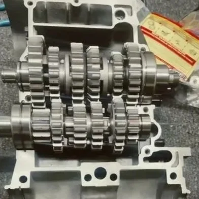 Internal motorcycle engine gears mounted inside a metal casing on a workbench.