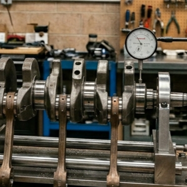 Close-up of engine components on a machine, including a dial indicator gauge measuring the crankshaft, with tools and workshop background.