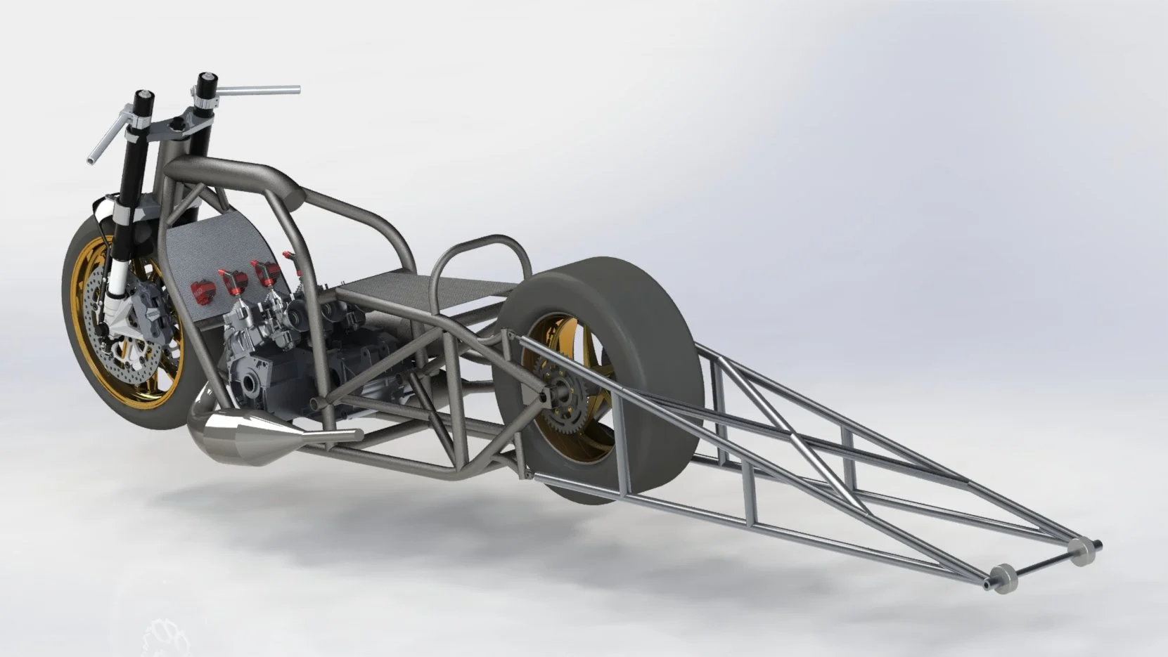 A futuristic dragster with an exposed metal frame, large rear tire, and streamlined chassis.