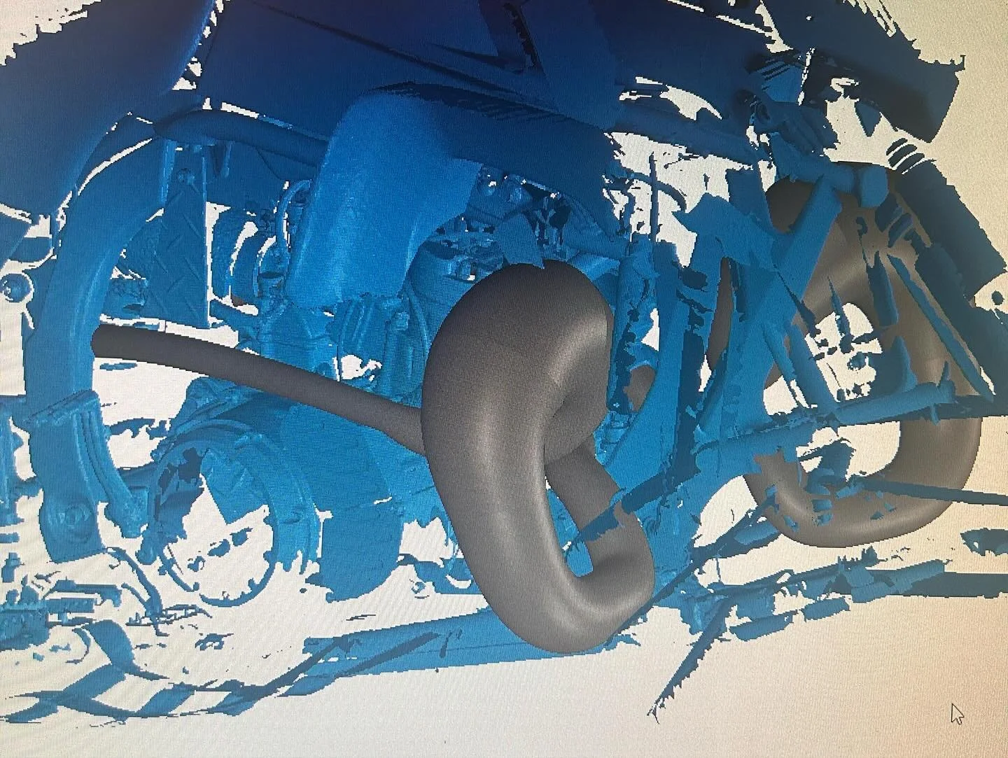 3D digital rendering of a motorcycle with blue outlines and a gray seat, viewed from a front-angle perspective.