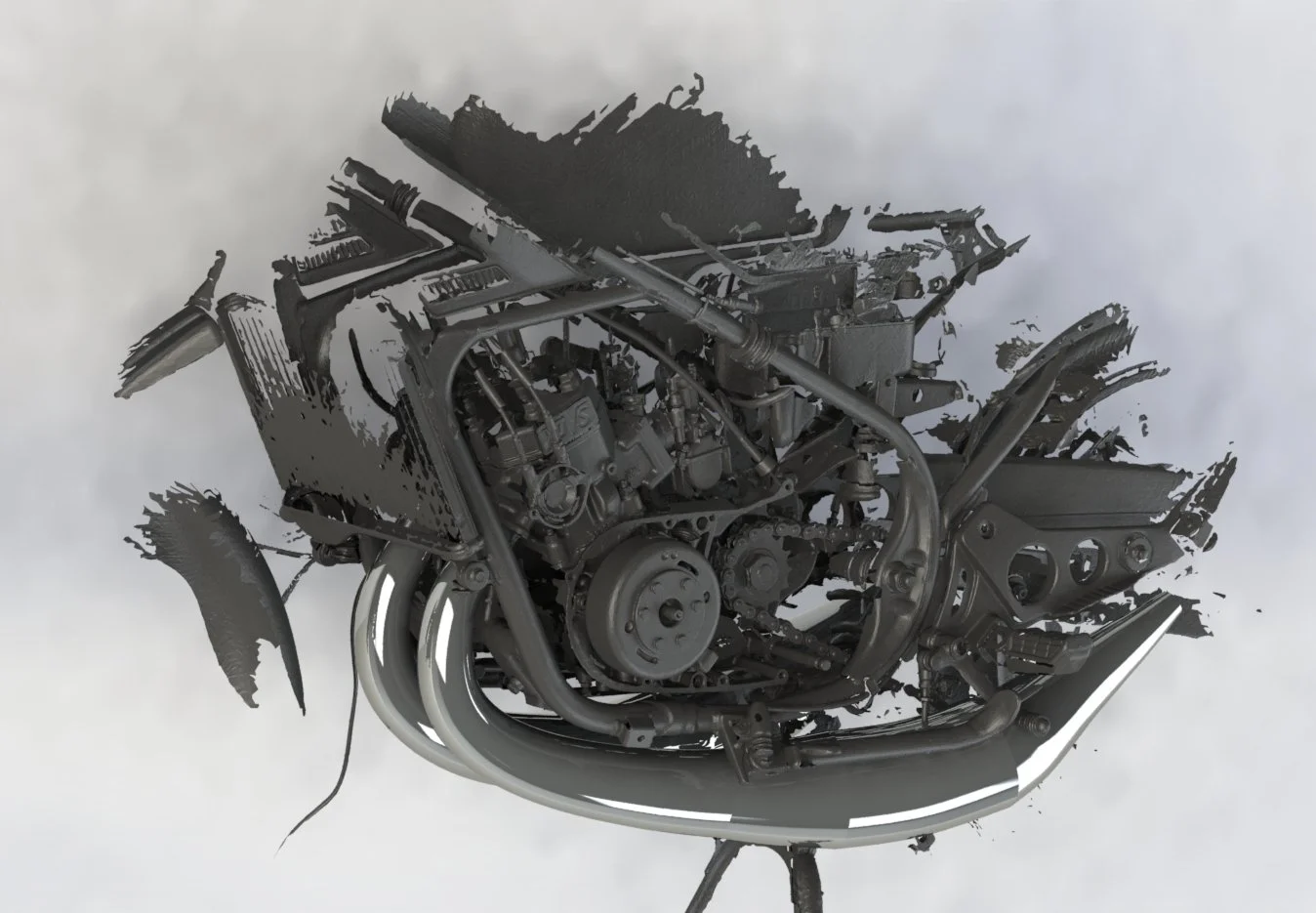 A detailed view of a motorcycle engine with exposed components and parts.