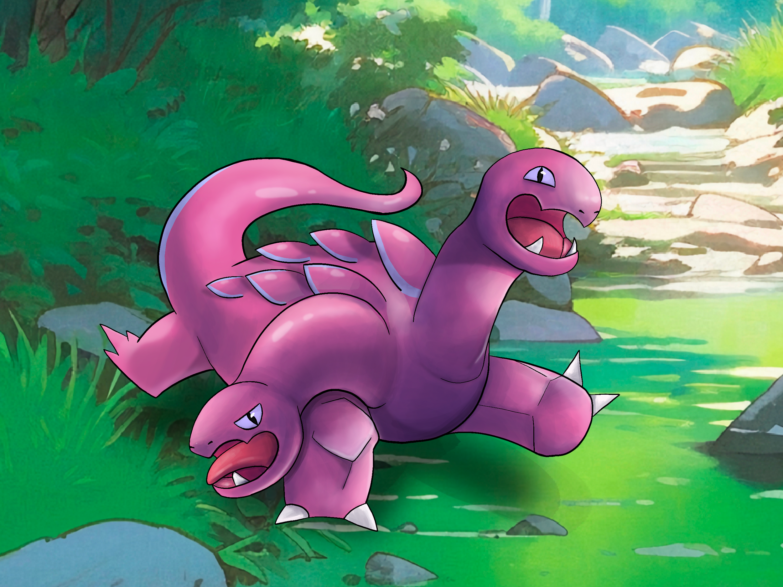 A pink, cartoon dragon with a happy expression emerging from a pond surrounded by green grass and rocks.