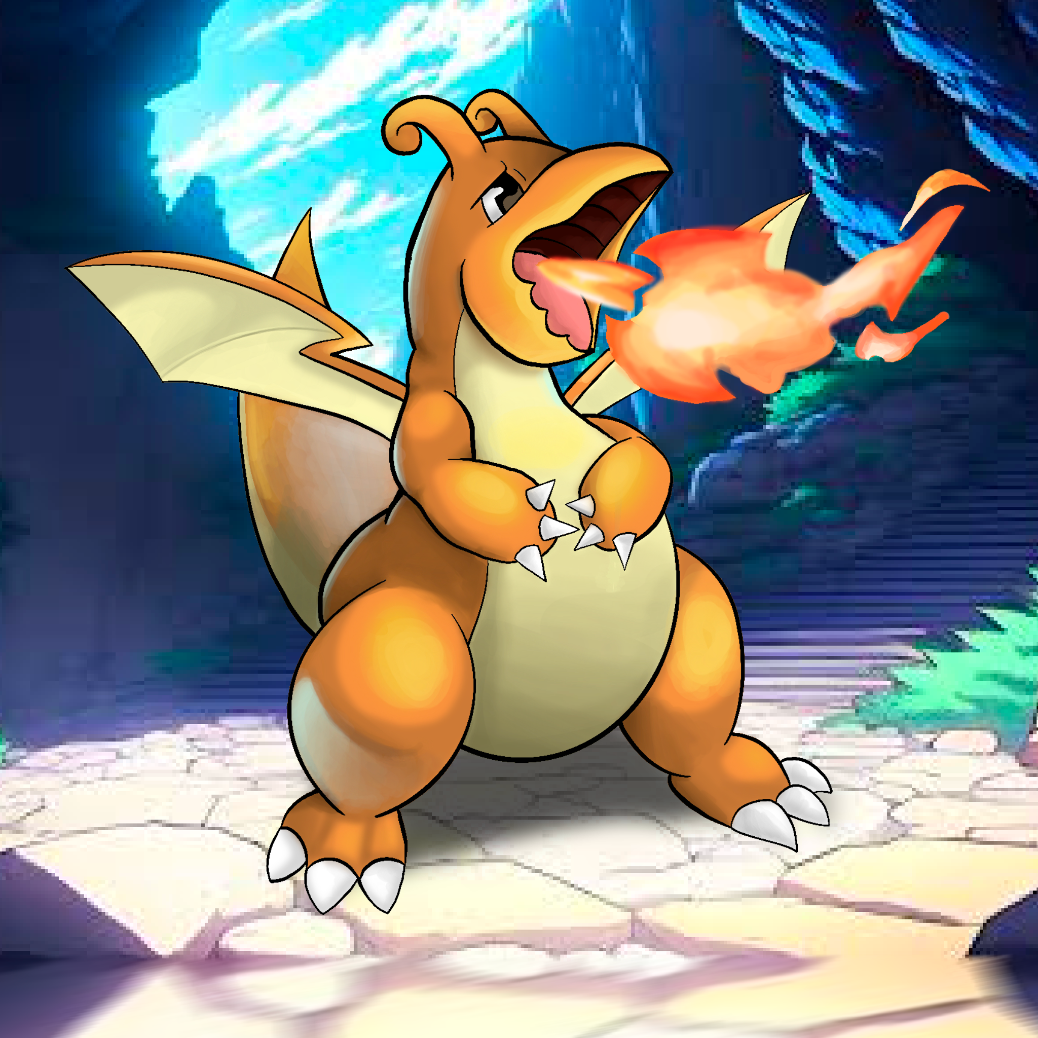 A drawn cartoon of a fire-breathing dragon with yellow and orange scales and wings, standing on a stone surface with a colorful, abstract background.