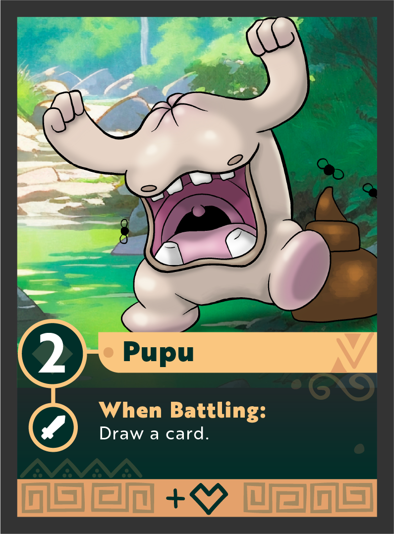 A cartoon-style creature with a large open mouth, protruding tongue, two protruding horns, small eyes, and a round body, set in a lush green forest background.