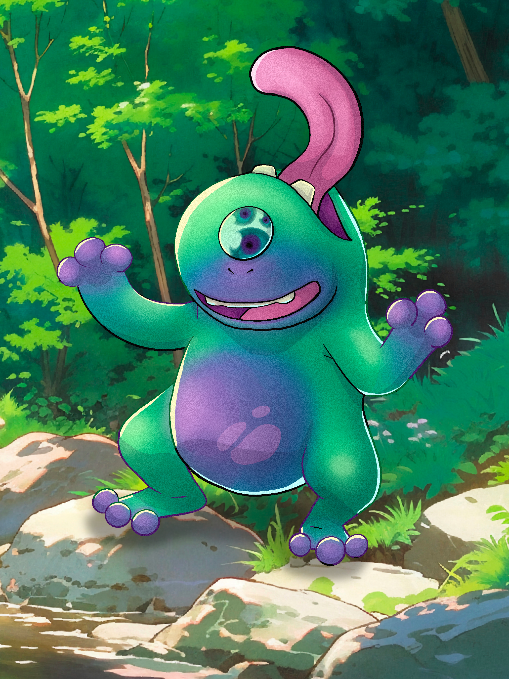 A cartoon-like chameleon with a pink tongue, purple toes, and a large multi-eyed face, standing on a rock in a forest setting.