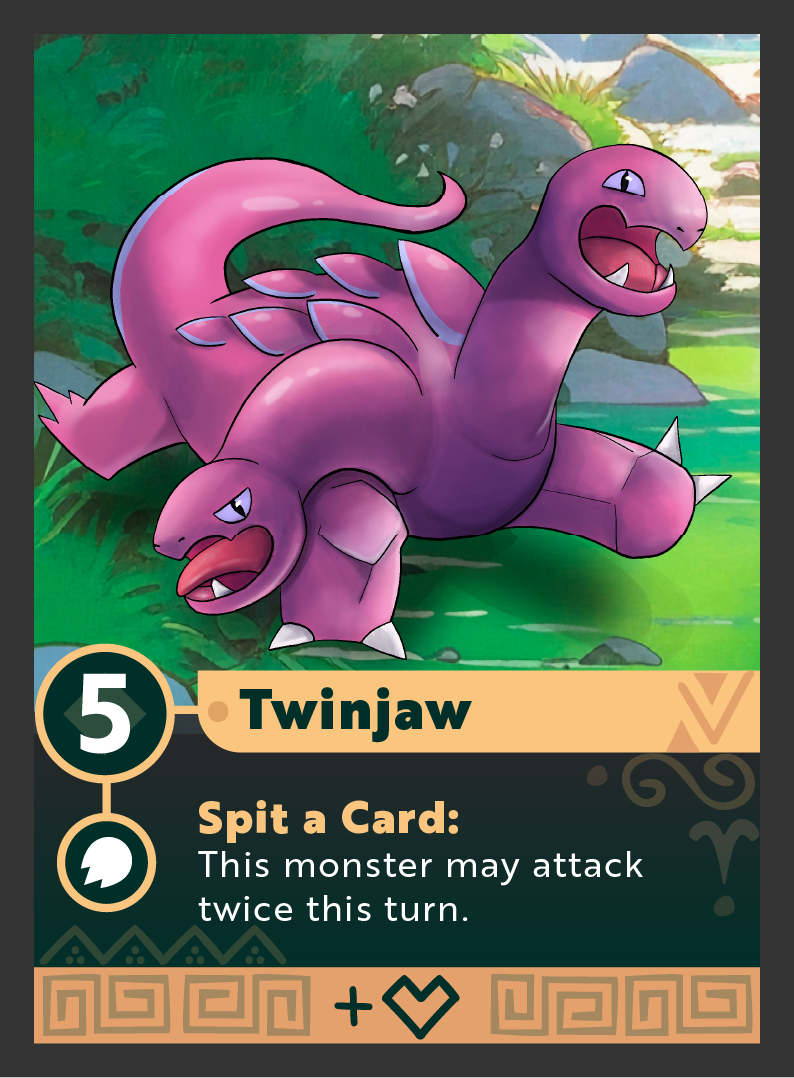 A digital illustration of a pink, two-headed dinosaur with spikes on its back, standing on green grass with rocks and foliage in the background.