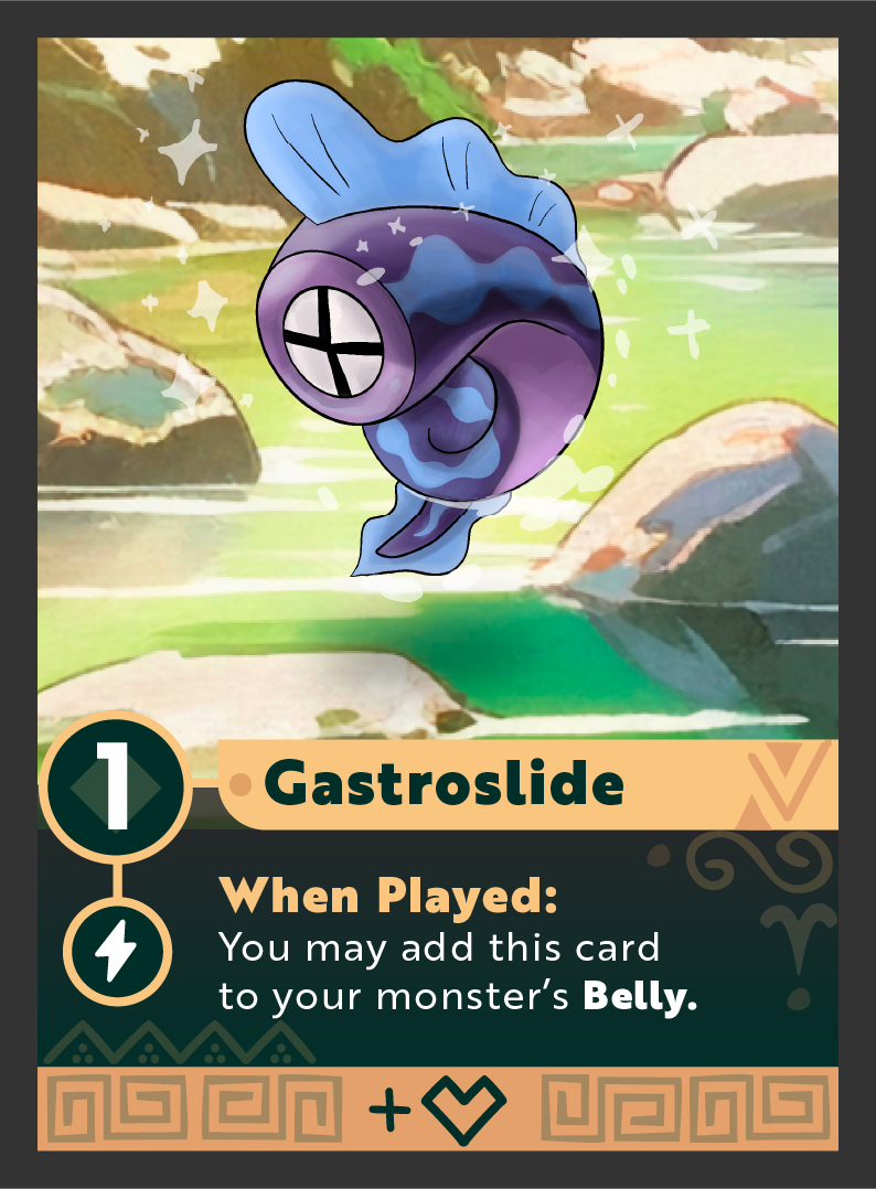 A digital illustration of a Pokémon called Gastrodon, a blue and purple fish-like creature with a shell, set against a background of rocks and water, with sparkles around it.