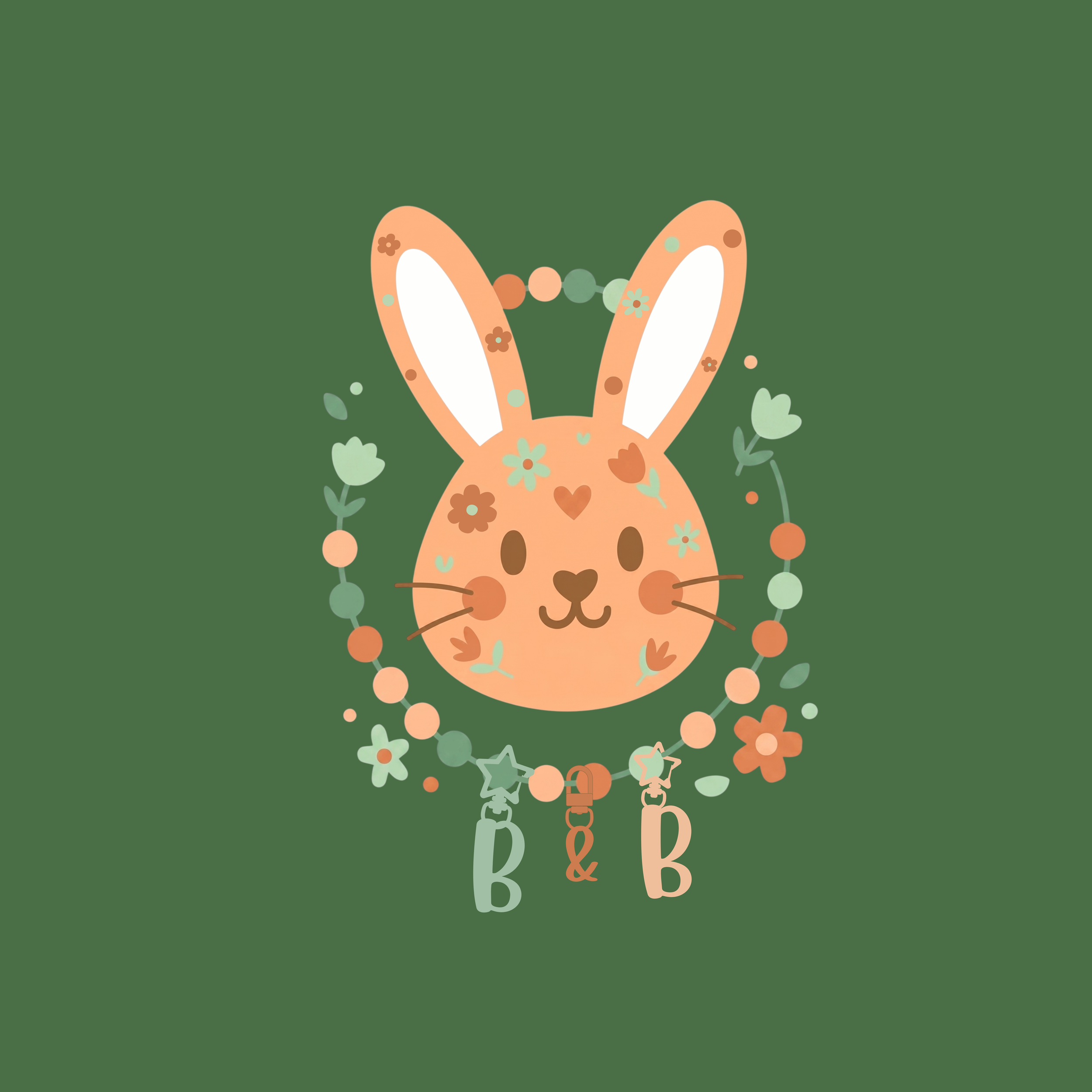 Illustration of a cute bunny with long ears, decorated with flowers and following behind a string of star, heart, and letter charms with the letters 'B' and 'b'.