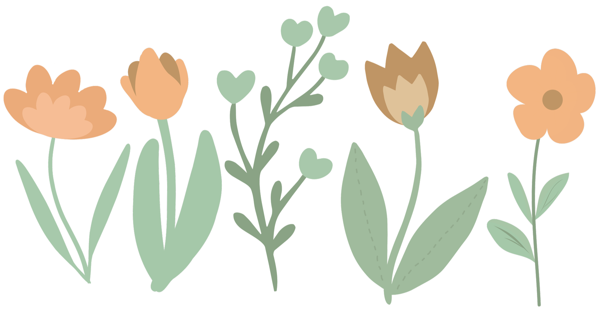 Illustration of various flowers with green leaves and stems in soft pastel colors.