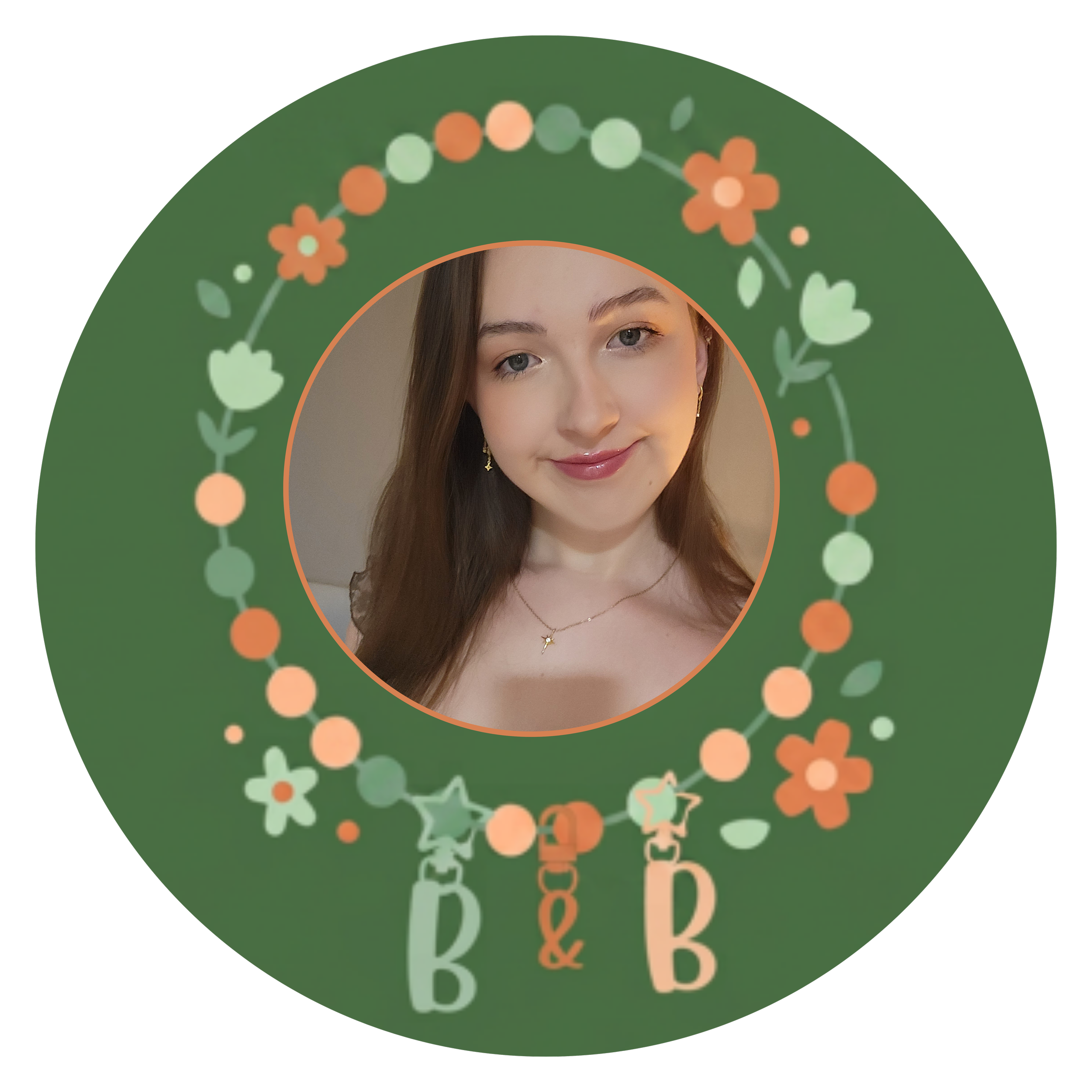 Close-up of a woman with light brown hair, wearing earrings and a necklace, smiling against a neutral background, framed within a decorative floral graphic with orange and green accents.