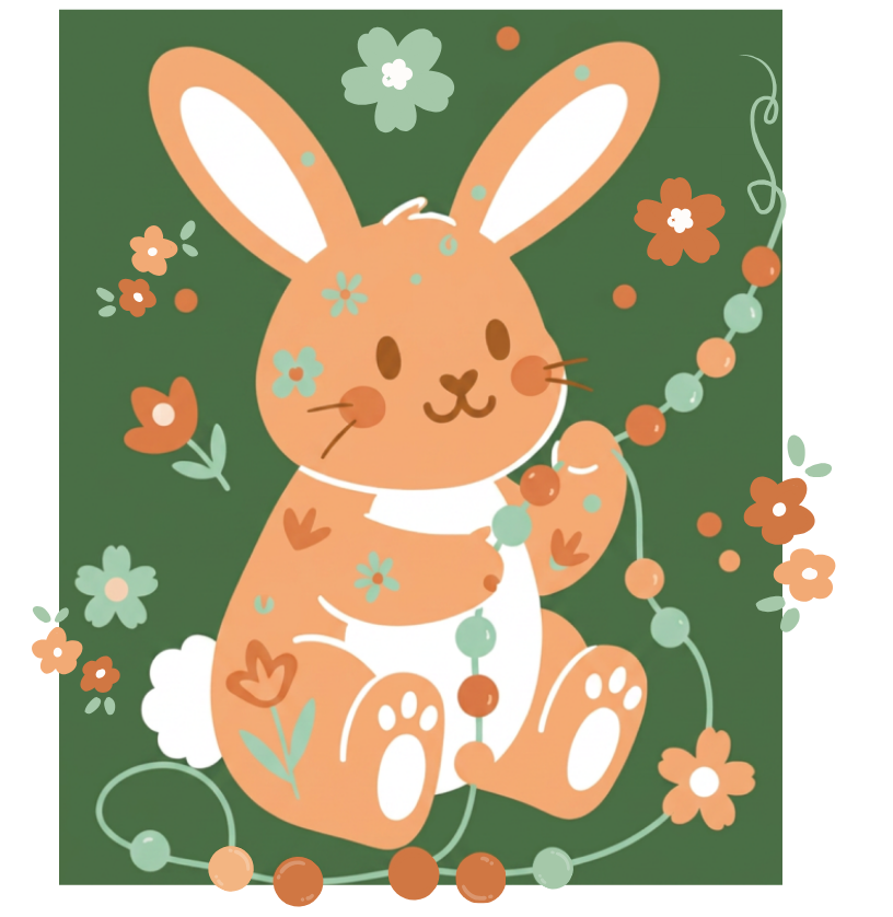 Cute cartoon rabbit sitting among floral decorations, holding a string of beads, with a green background and additional small flowers around.