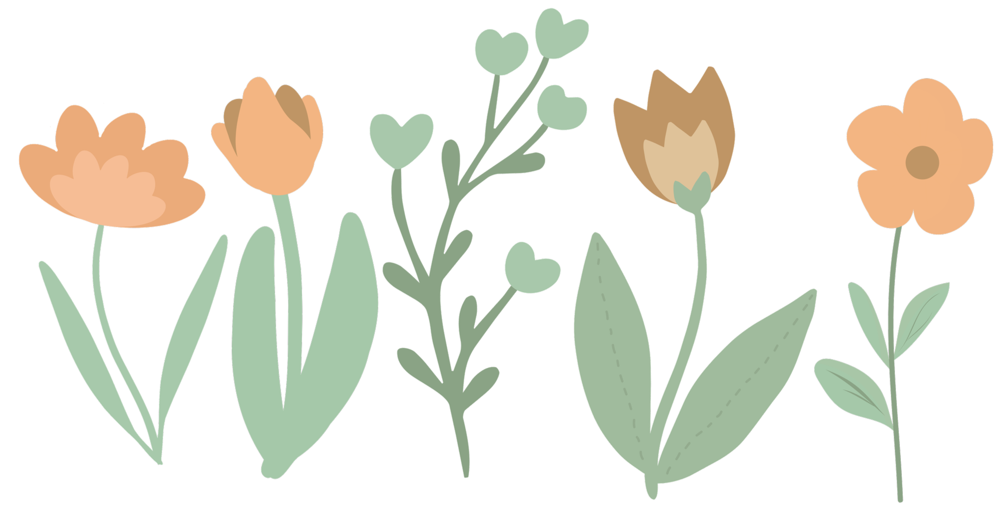 Stylized illustration of various flowers with green leaves