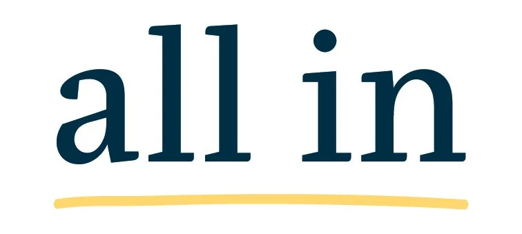 logo mark for All In in lower case letters with a yellow hand-drawn line underneath