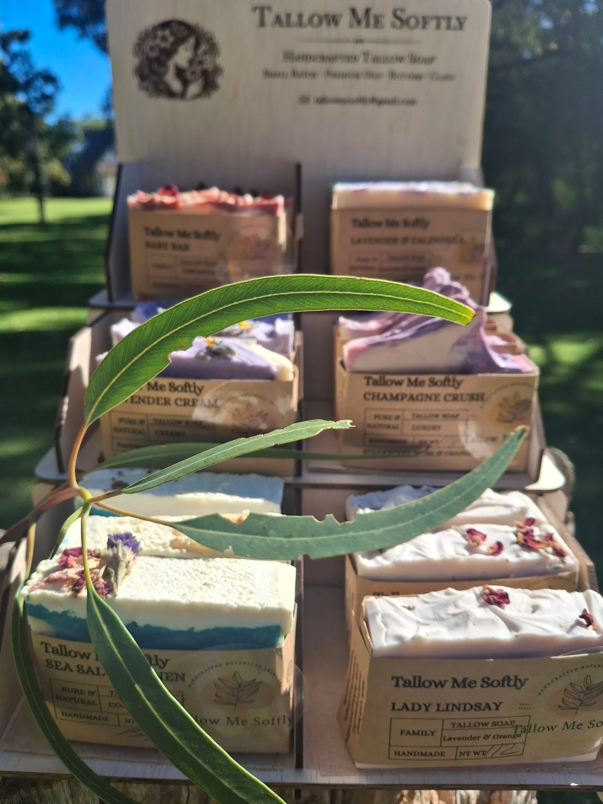 tallow me softly soap on stand. luxury soap perth