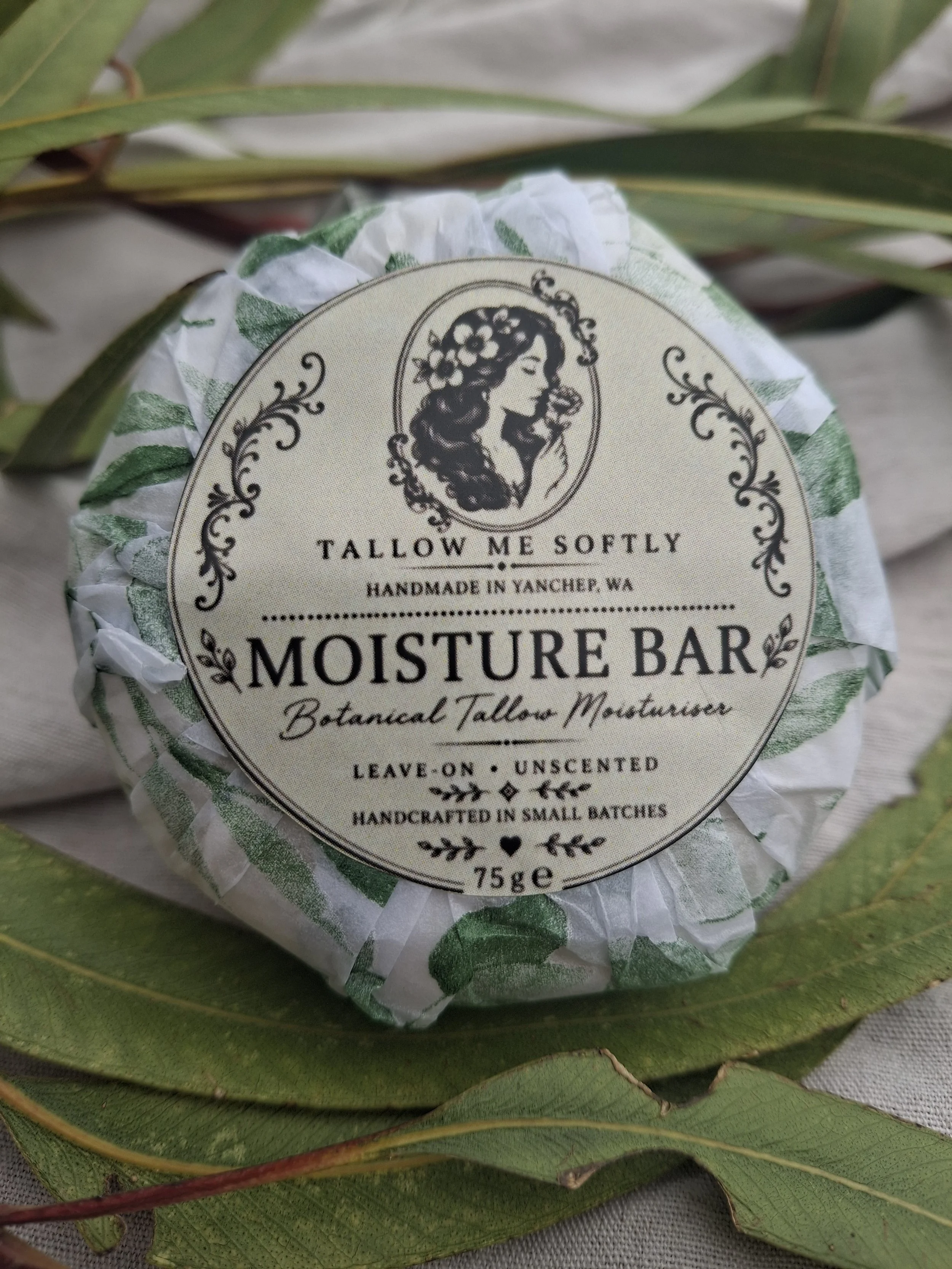 Handmade Botanical Tallow Moisture Bar with triple-rendered grass-fed tallow, chamomile, calendula, avocado oil, vitamin E and colloidal oats.